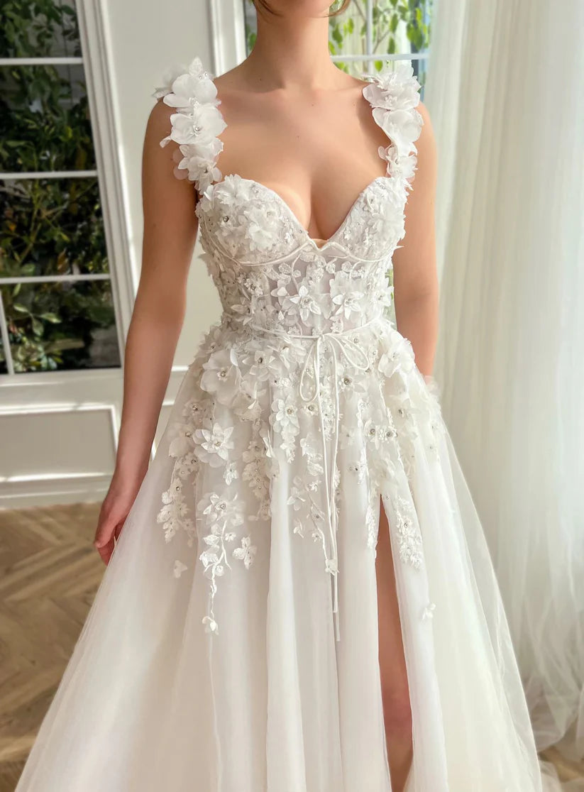 Faire koronkowe sukienki ślubne pasek 3D kwiaty A-line boczna sukienki ślubne suknie ślubne w V-dół Małżeństwo Bride sukienka szata de mariée