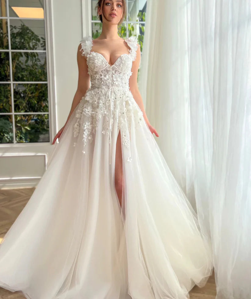 Faire koronkowe sukienki ślubne pasek 3D kwiaty A-line boczna sukienki ślubne suknie ślubne w V-dół Małżeństwo Bride sukienka szata de mariée