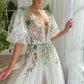 Off White Prom Dresses Lace Embroidery A-line فساتين السهرة V Neck Sweet Puffy Sleeves Side Split Vestidos De Noche