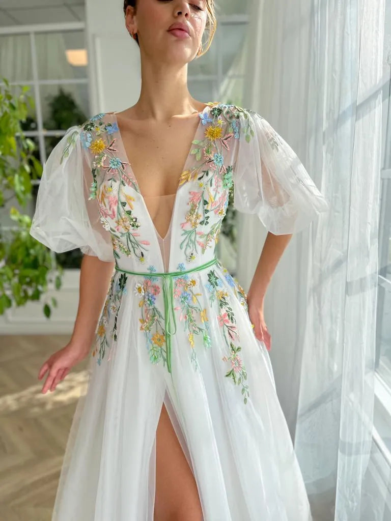 Off White Prom Dresses Lace Embroidery A-line فساتين السهرة V Neck Sweet Puffy Sleeves Side Split Vestidos De Noche as pic