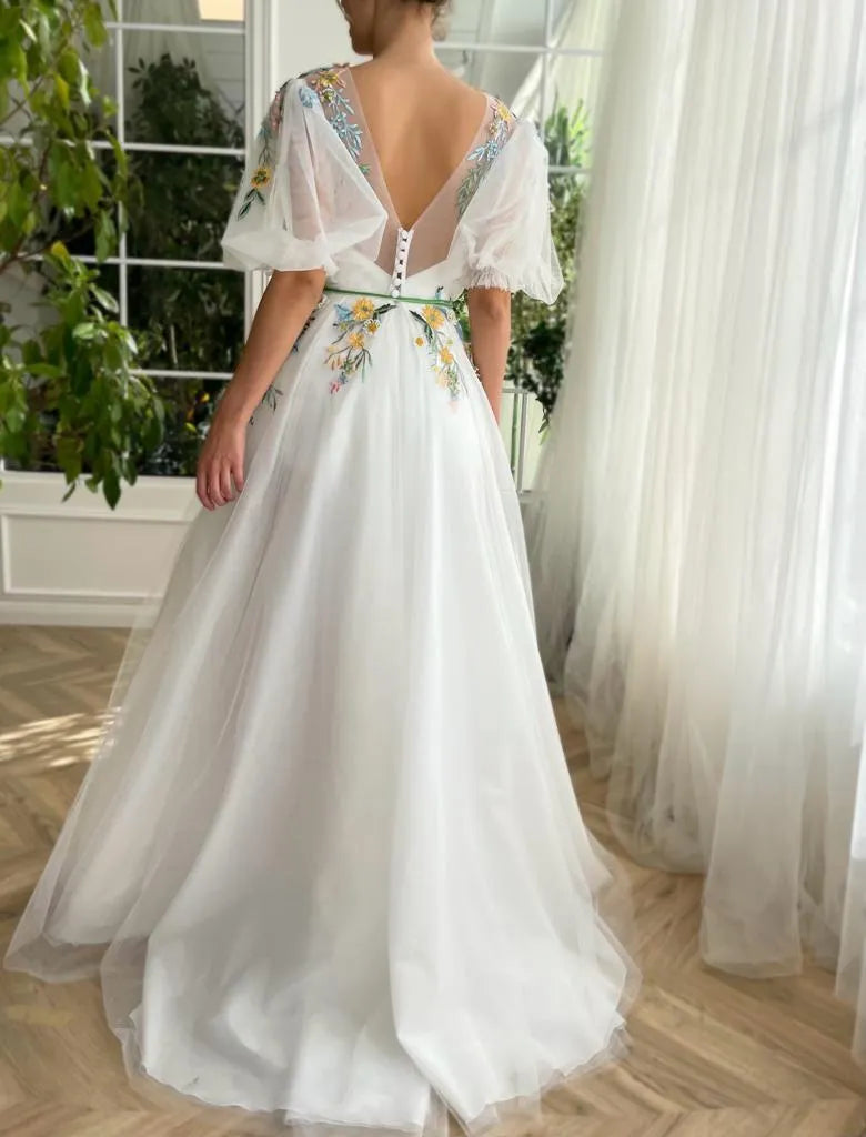 Off White Prom Dresses Lace Embroidery A-line فساتين السهرة V Neck Sweet Puffy Sleeves Side Split Vestidos De Noche as pic