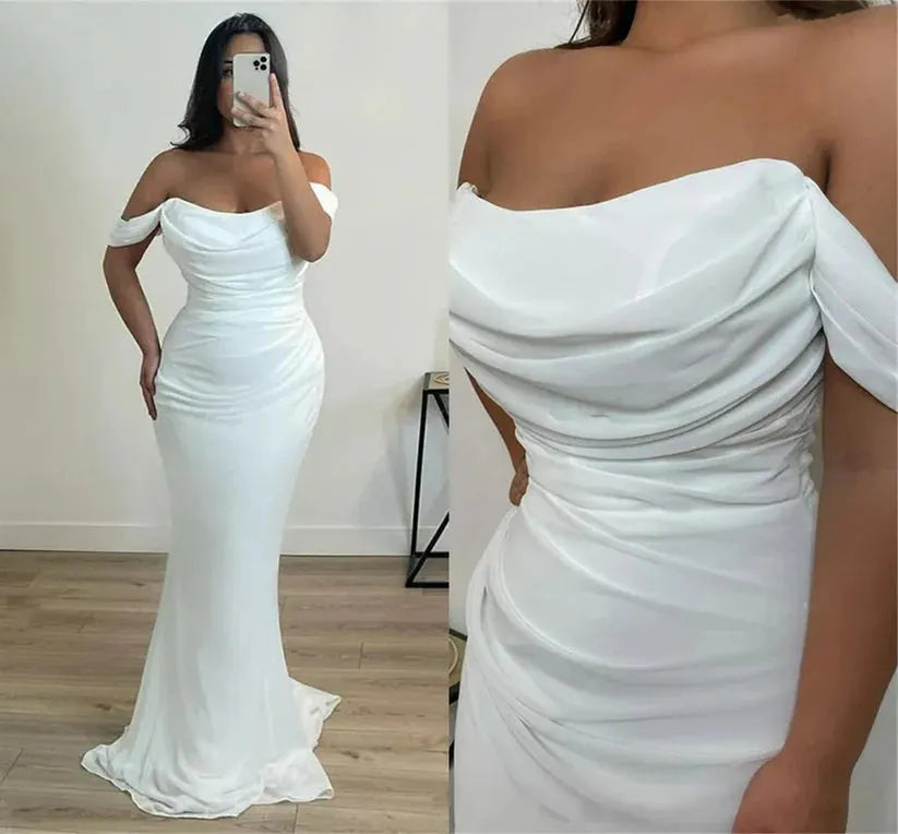 Arabic Evening Dresses for Wedding Party Off the Shoulder White Pleats Chiffon Mermaid Formal Celebrity Prom Gowns White