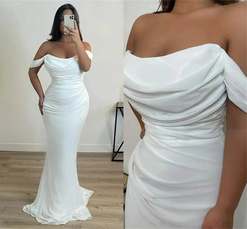 Vestidos de Noche árabes para fiesta de boda, hombros descubiertos, plisados ​​blancos, sirena de gasa, vestidos formales de graduación de celebridades 