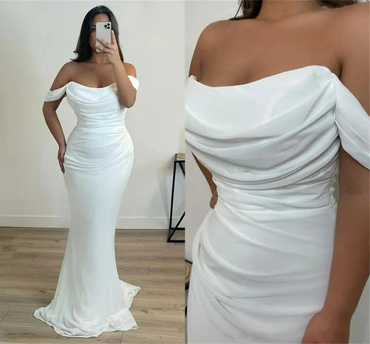 Vestidos de noite em árabe para festa de casamento fora do ombro pregas brancas de chiffon sereia de celebridades formais vestidos de baile