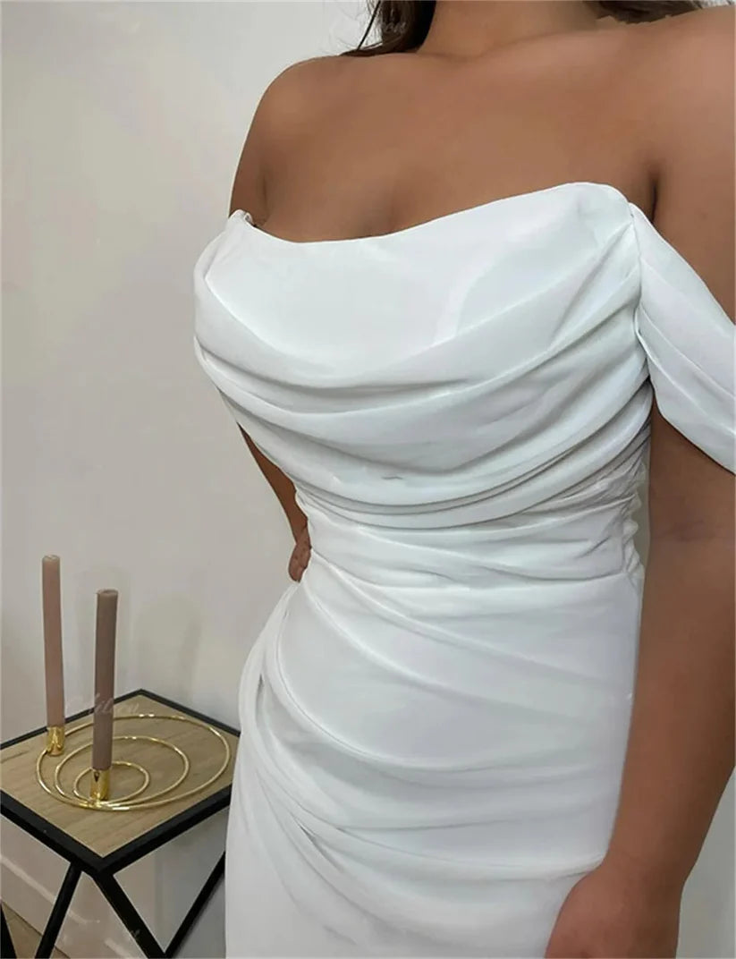 Vestidos de Noche árabes para fiesta de boda, hombros descubiertos, plisados ​​blancos, sirena de gasa, vestidos formales de graduación de celebridades 