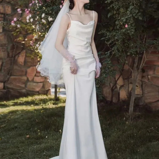 Vestido de novia de satén blanco francés con tirantes para fotos de boda, vestido elegante, Sexy, sin espalda, sencillo, largo, para fiesta de graduación y noche