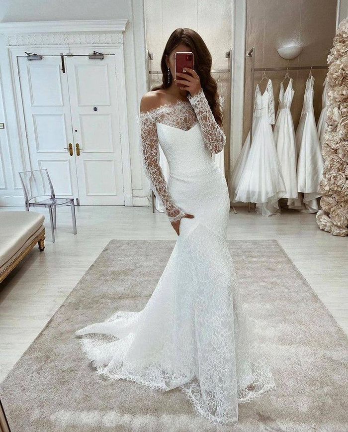 Vestidos de novia elegantes de sirena de encaje con hombros descubiertos, vestidos de novia trompeta de manga larga con cuello barco, vestidos de novia largos de talla grande