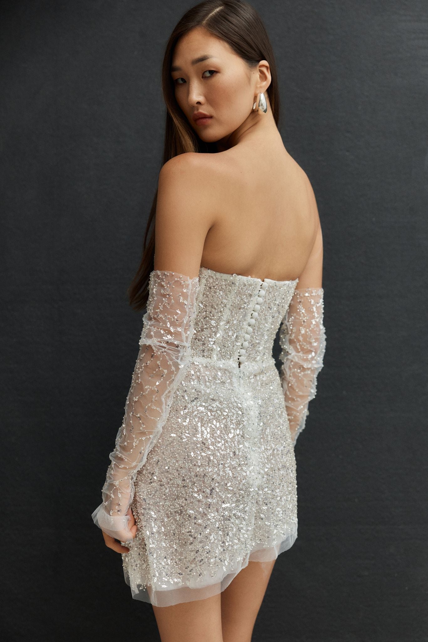 Robe de soirée de mariage courte à paillettes, tenue de mariée brillante, manches détachables, robes de bal pour femmes