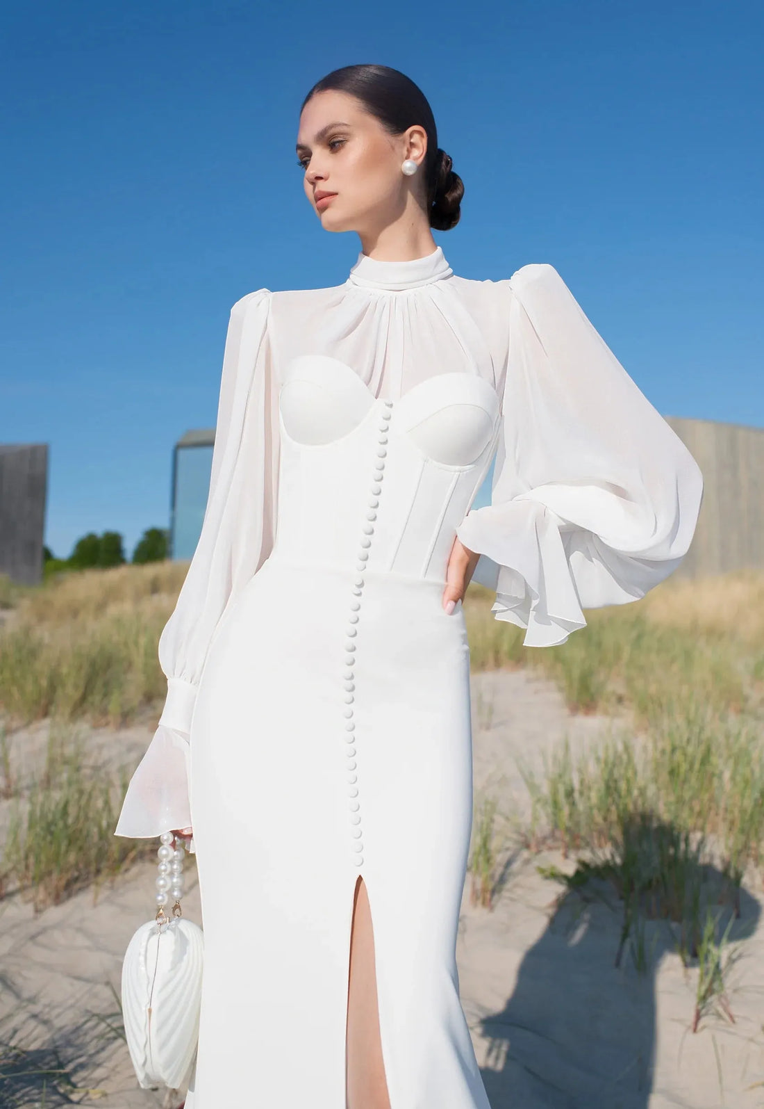 Elegant and Simple Wedding Dresses High Long Puff Sleeves Birdes Dress for Women High Leg Slit Button Bridal Evening Gowns Ivory