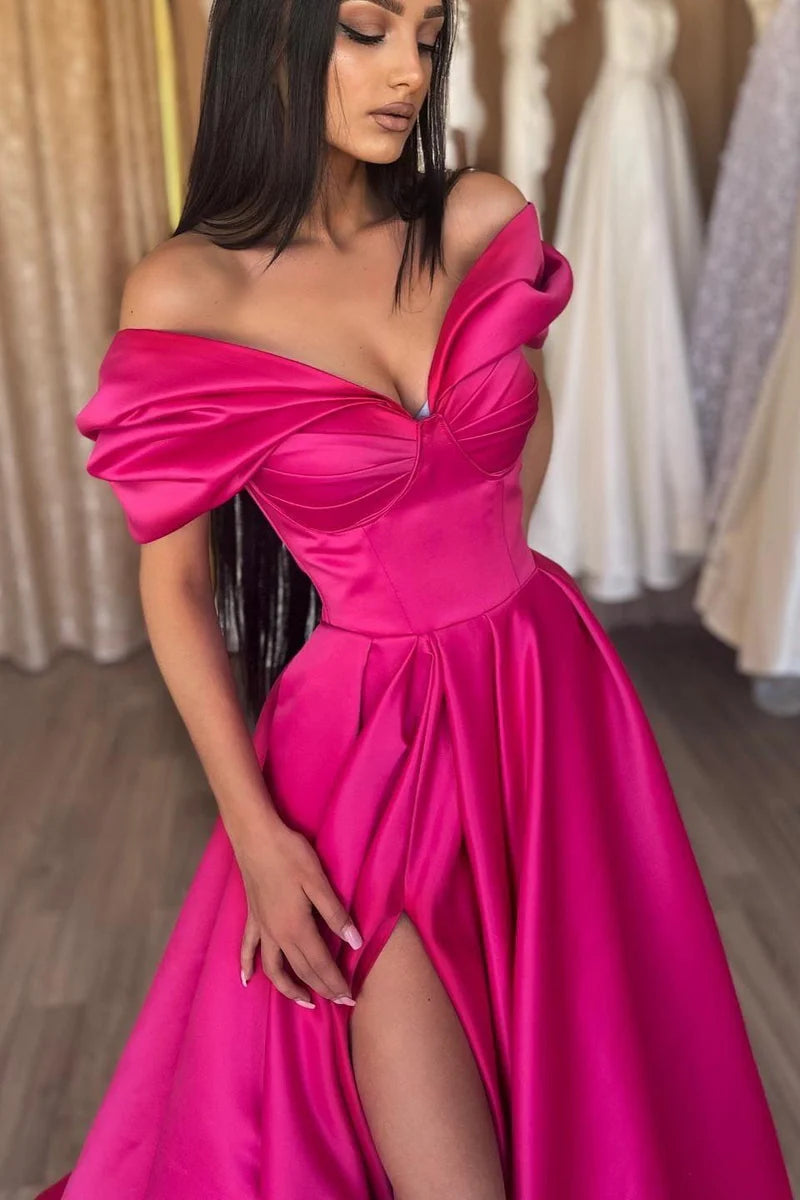 Elegant Red Satin Party Dress Long Prom Evening Dress Pleated High Side Slit Evening Dress Sexy Card Shoulder Sweetheart