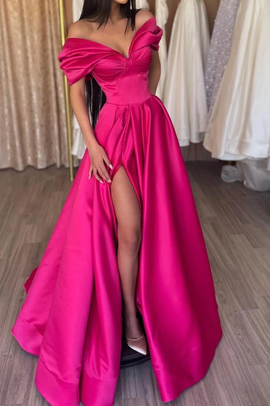 Elegant Red Satin Party Dress Long Prom Evening Dress Pleated High Side Slit Evening Dress Sexy Card Shoulder Sweetheart