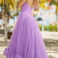 Purple Spaghetti Strap Prom Dresses Tulle A-line vestidos de noche Elegant Sleeveless Floor-Length Formal Evening