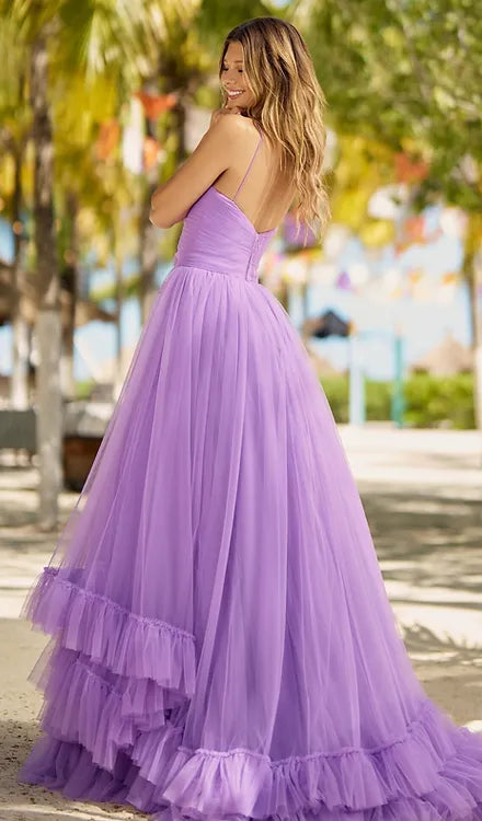 Purple Spaghetti Strap Prom Dresses Tulle A-line vestidos de noche Elegant Sleeveless Floor-Length Formal Evening