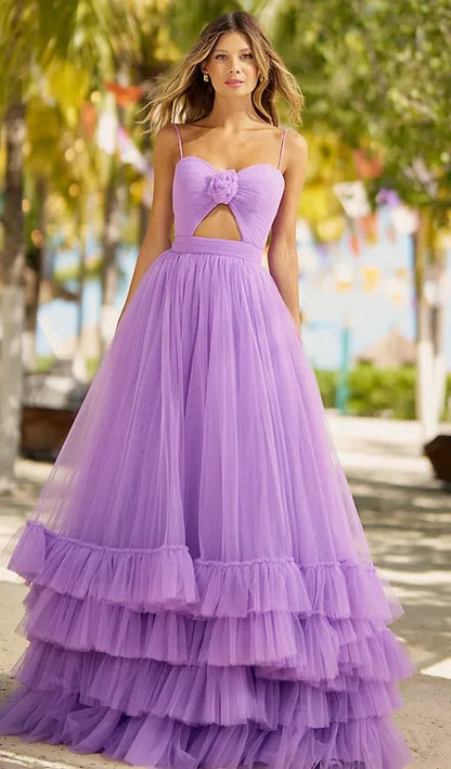 Purple Spaghetti Strap Prom Dresses Tulle A-line vestidos de noche Elegant Sleeveless Floor-Length Formal Evening