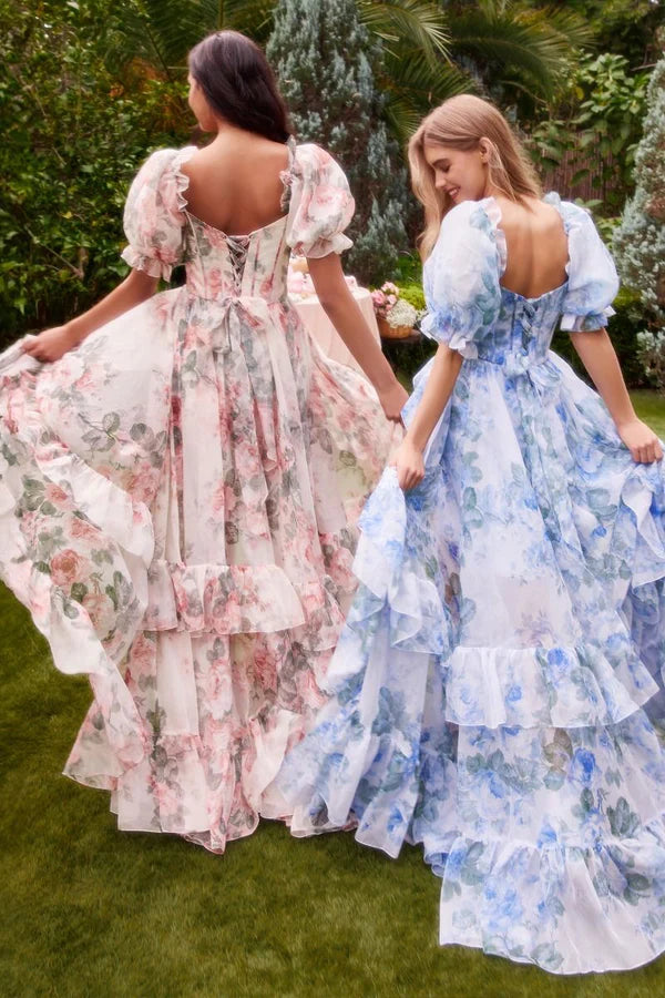 Sweetheart Neck Prom Dresses A-line Organza Vestidos De Noche Puffy Short Sleeves Chapel Train Edge Curl Cocktail Party