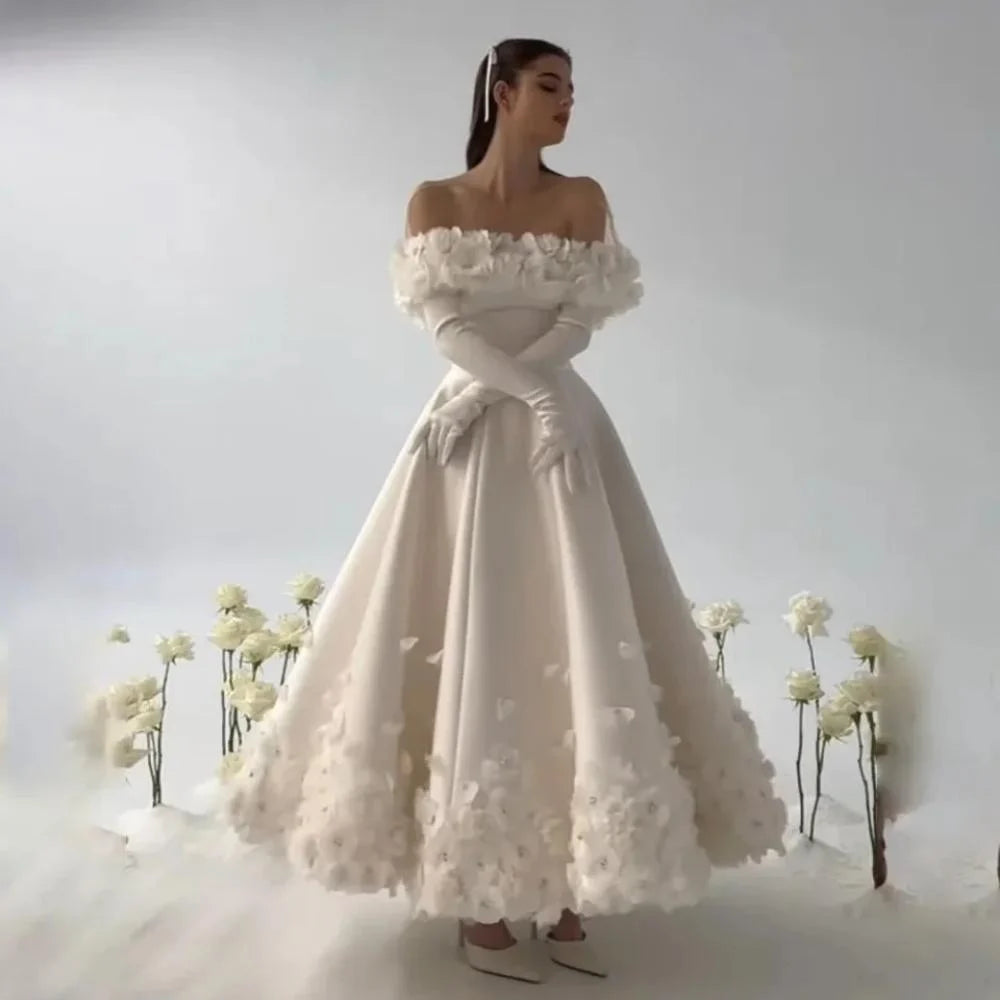 White Flower Lace Appliqued Prom Dresses Elegant Long Sleeves Tulle Wedding Dress Off the Shoulder vestidos prontos