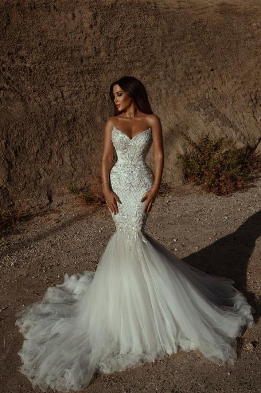 Luxus Schatz Meerjungfrau Langes Hochzeitskleid Boho Applique Spitze Perlen Frauen Ehe Brautkleider plus Größe Vestido de Novia