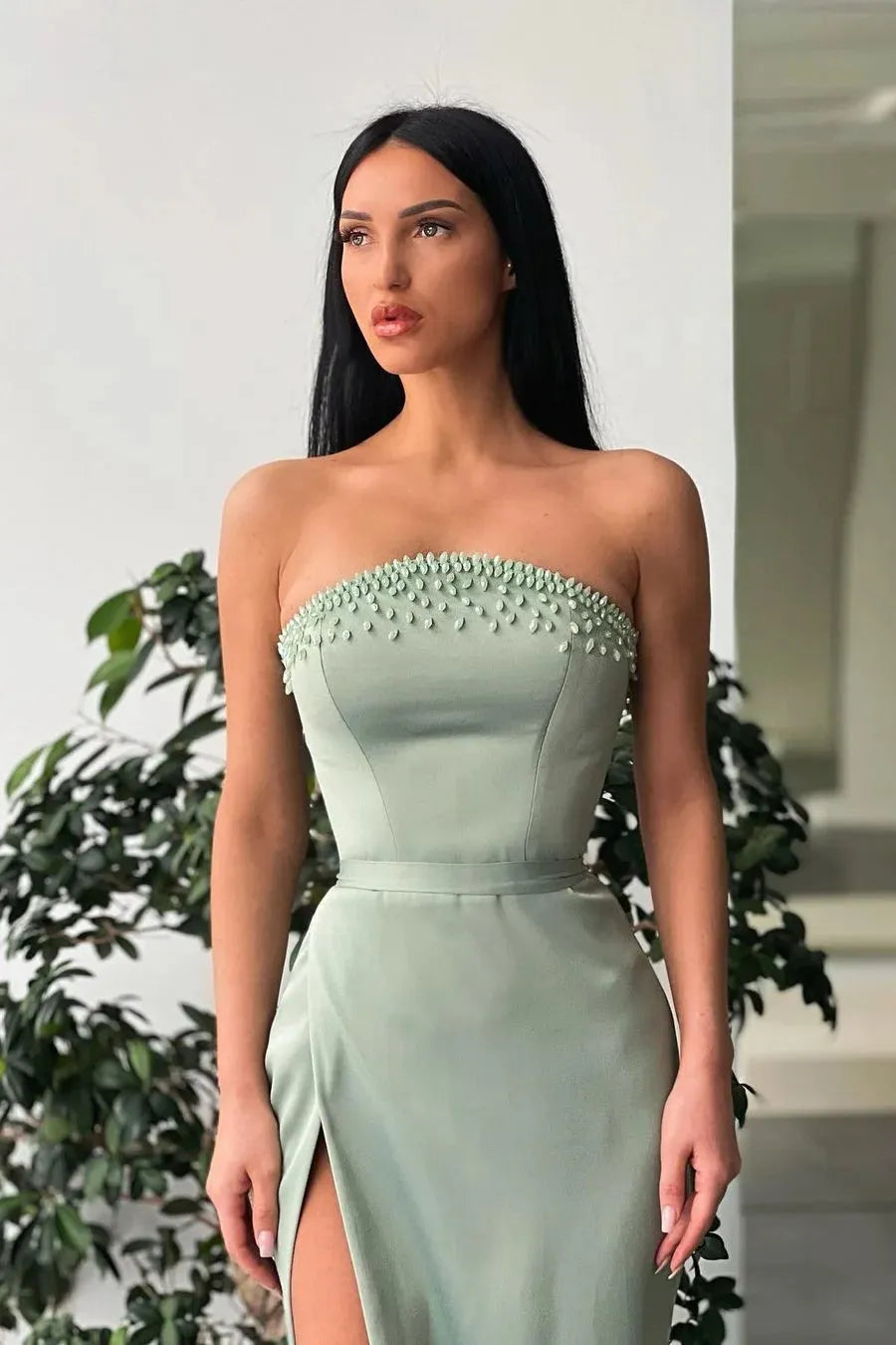 Strapless Long Prom Dresses Beaded Stretchy Satin High Slit Sweep Train Formal Party Women Evening Gowns Custom made Green