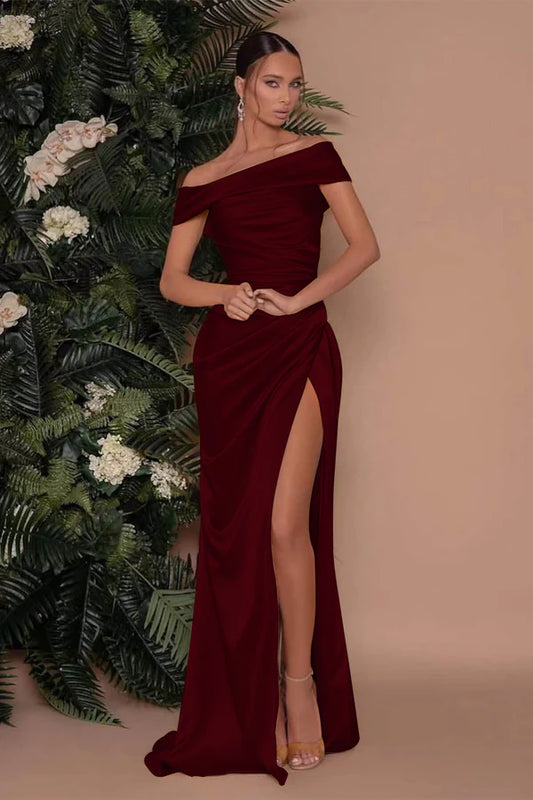 Champagne Prom Dresses Off Shoulder Ruched Pleats High Slit Formal Party Women Elastic Satin Long Sweep Train Evening Gowns