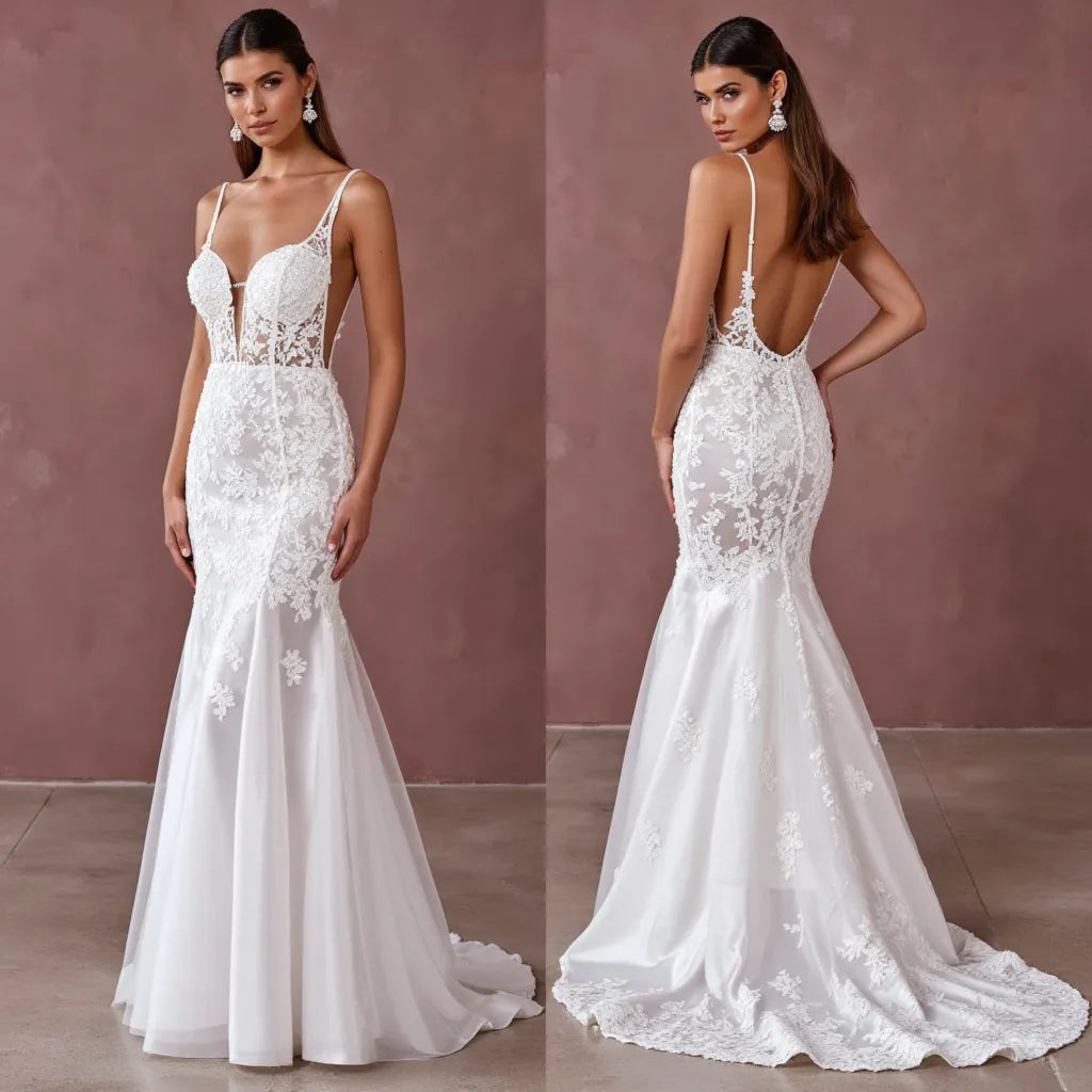 Mermaid Fit-and-Flare Wedding Dress for Beach, Garden, and Outdoor Weddings backless mesh New Satin silk