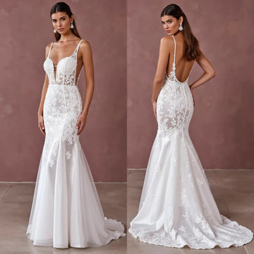 Mermaid Fit-and-Flare Wedding Dress for Beach, Garden, and Outdoor Weddings backless mesh New Satin silk