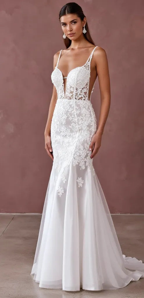 Mermaid Fit-and-Flare Wedding Dress for Beach, Garden, and Outdoor Weddings backless mesh New Satin silk