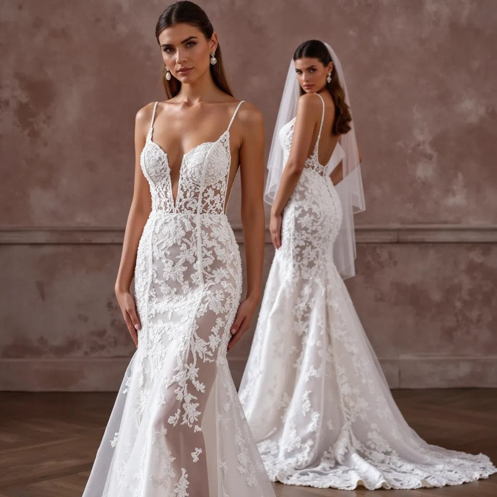 Sexy Mermaid Wedding Dress with a Deep V-Neck for a Bold Bridal Style backless mesh New