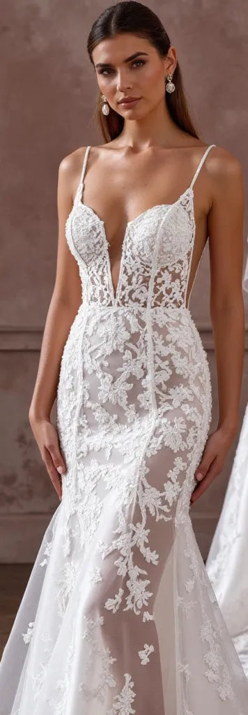 Sexy Mermaid Wedding Dress with a Deep V-Neck for a Bold Bridal Style backless mesh New