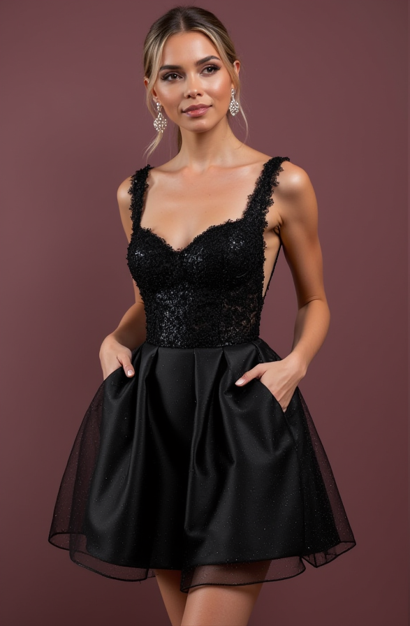 Elegant Black Evening Dress & Prom Dress with Sparkling Beads for a Glamorous Look black embroidery New Satin