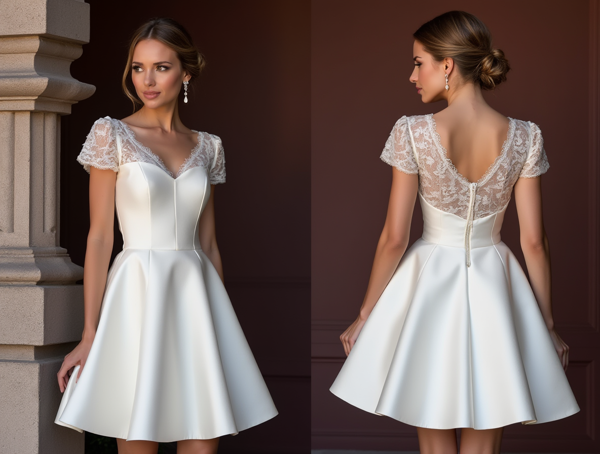 Sexy Short Wedding Dress and Mini Dress with a Sheer Lace Back embroidery New Satin Short Wedding Dress silk