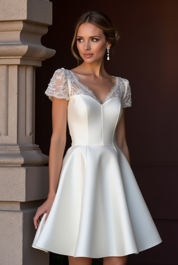 Sexy Short Wedding Dress and Mini Dress with a Sheer Lace Back embroidery New Satin Short Wedding Dress silk