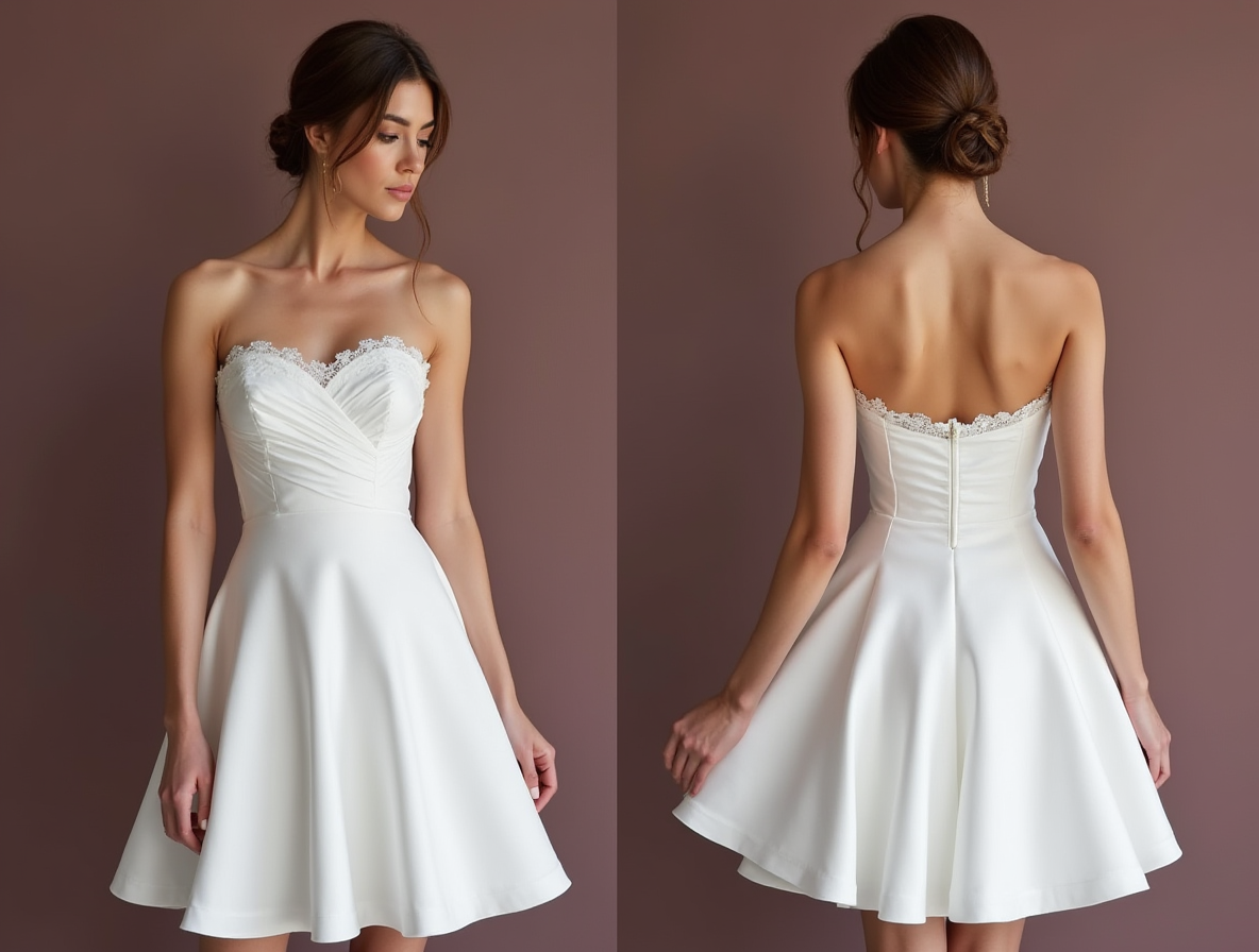 Modern Short Wedding Dress and Mini Dress with a Sleek Strapless Bodic