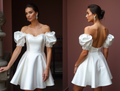 Chic Short Wedding Dress and Mini Dress with a Square Cut and Puff Sleeves embroidery New Satin Short Wedding Dress silk