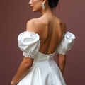 Chic Short Wedding Dress and Mini Dress with a Square Cut and Puff Sleeves embroidery New Satin Short Wedding Dress silk