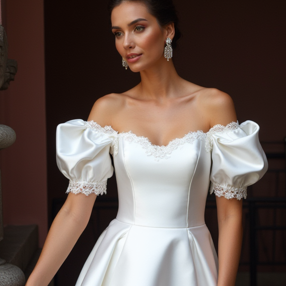 Chic Short Wedding Dress and Mini Dress with a Square Cut and Puff Sleeves embroidery New Satin Short Wedding Dress silk