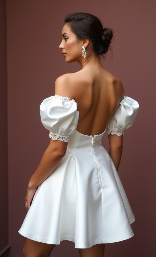 Chic Short Wedding Dress and Mini Dress with a Square Cut and Puff Sleeves embroidery New Satin Short Wedding Dress silk
