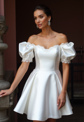 Chic Short Wedding Dress and Mini Dress with a Square Cut and Puff Sleeves embroidery New Satin Short Wedding Dress silk