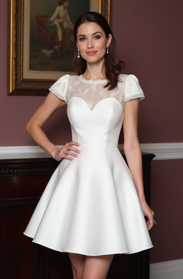 Stunning Short Wedding Dress and Mini Dress with a Satin Bow Back embroidery mesh New Satin Short Wedding Dress silk