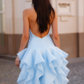 Romantic blue Evening Dress and Prom Dress with a Full Ball Gown Skirt for a Princess Look backless blue New Satin