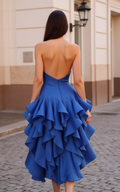 Elegant Blue Prom Dress and Evening Gown with a Flared Skirt for a Beautiful Fit backless blue New Satin