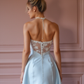 Glamorous Blue Prom Dress and Evening Gown with Floral Details for a Soft Look backless blue New Satin