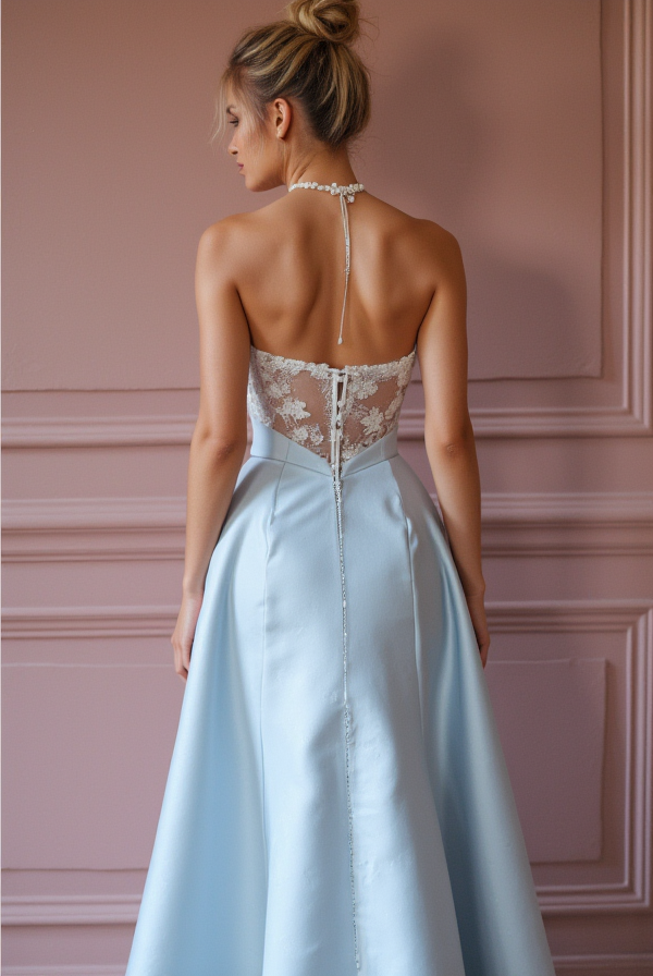 Glamorous Blue Prom Dress and Evening Gown with Floral Details for a Soft Look backless blue New Satin
