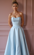 Glamorous Blue Prom Dress and Evening Gown with Floral Details for a Soft Look backless blue New Satin