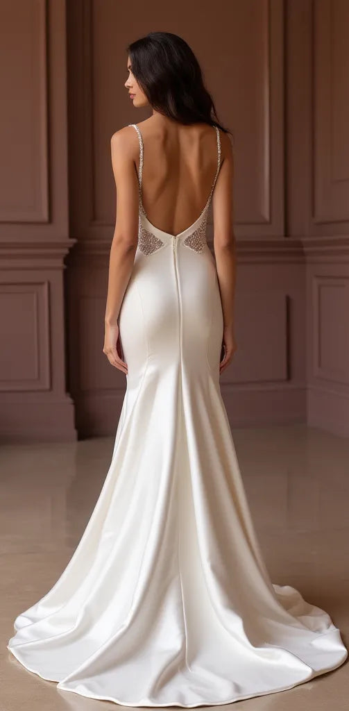 Mermaid Wedding Dress for Beach, Garden, and Destination Weddings backless New Satin