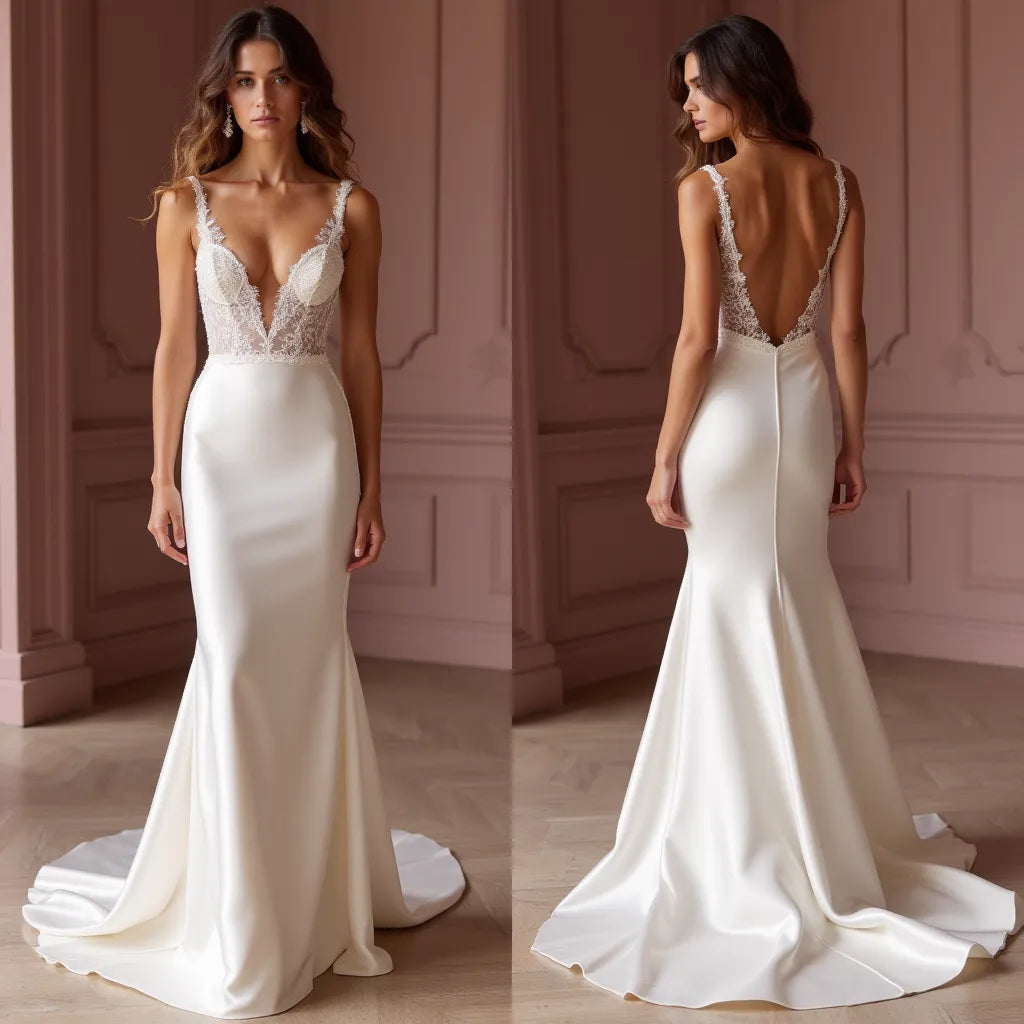 Mermaid Bridal Gown for Beach, Destination, or Garden Wedding Themes backless embroidery New Satin