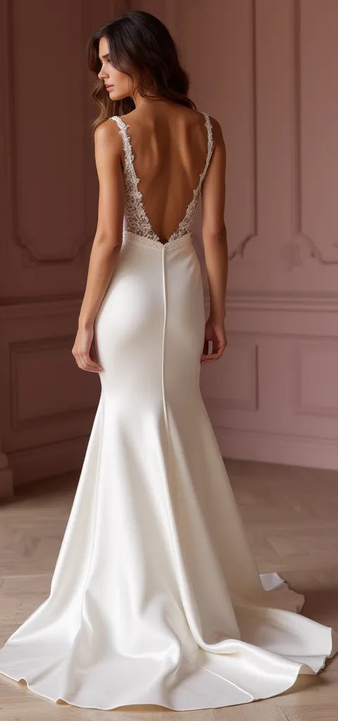 Mermaid Bridal Gown for Beach, Destination, or Garden Wedding Themes backless embroidery New Satin