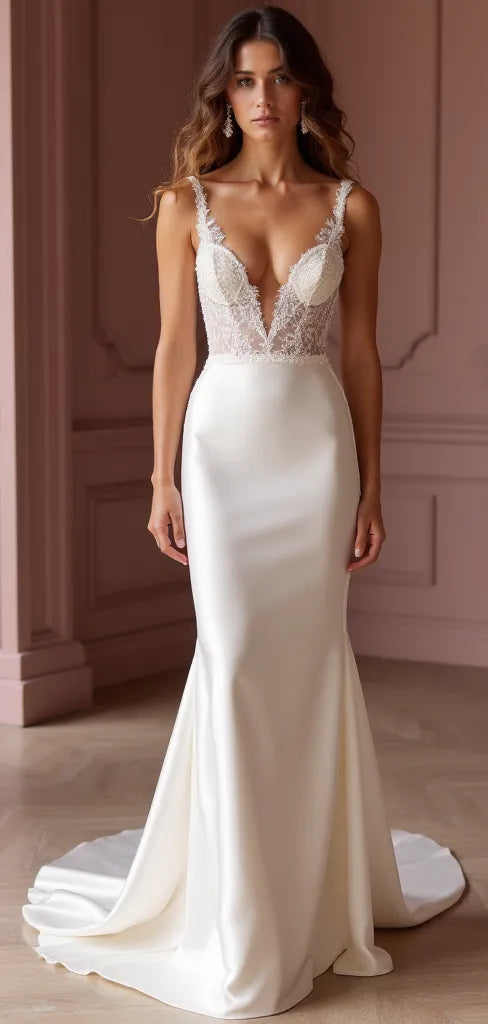 Mermaid Bridal Gown for Beach, Destination, or Garden Wedding Themes backless embroidery New Satin