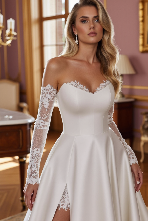 Classic White Princess Wedding Dress with a Full Skirt for a Royal Feel embroidery mesh New Satin white