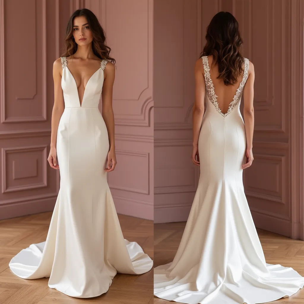 Mermaid Bridal Dress with a Dramatic Train for a Grand Wedding Entrance backless mesh New Satin silk