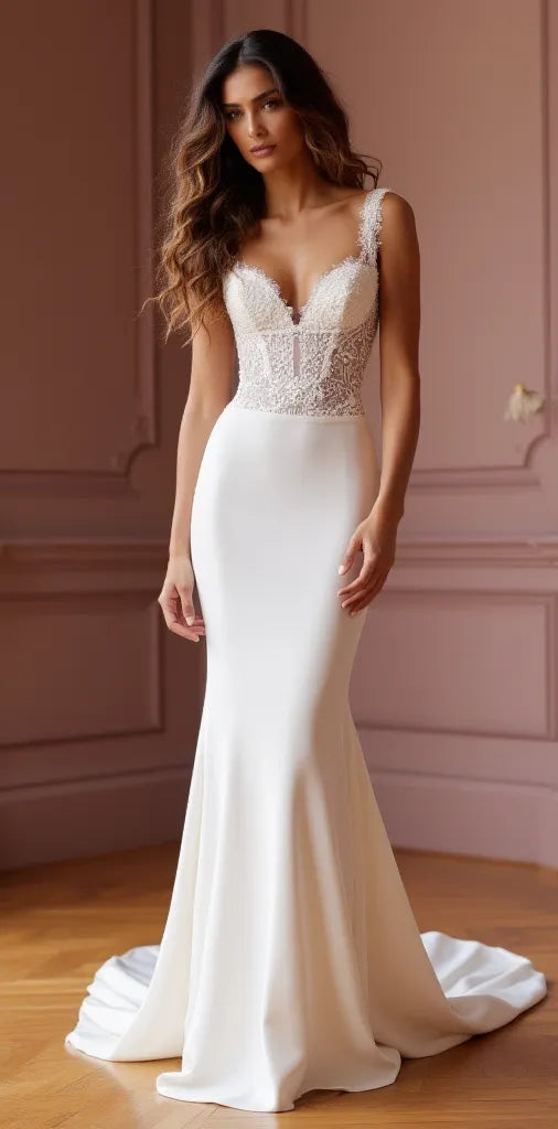 Mermaid Bridal Dress for Beach, Destination, and Outdoor Weddings backless mesh New Satin silk